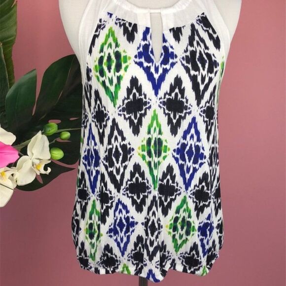 Ann Taylor White Multi IKat Printed Keyhole Top - Picture 2 of 8